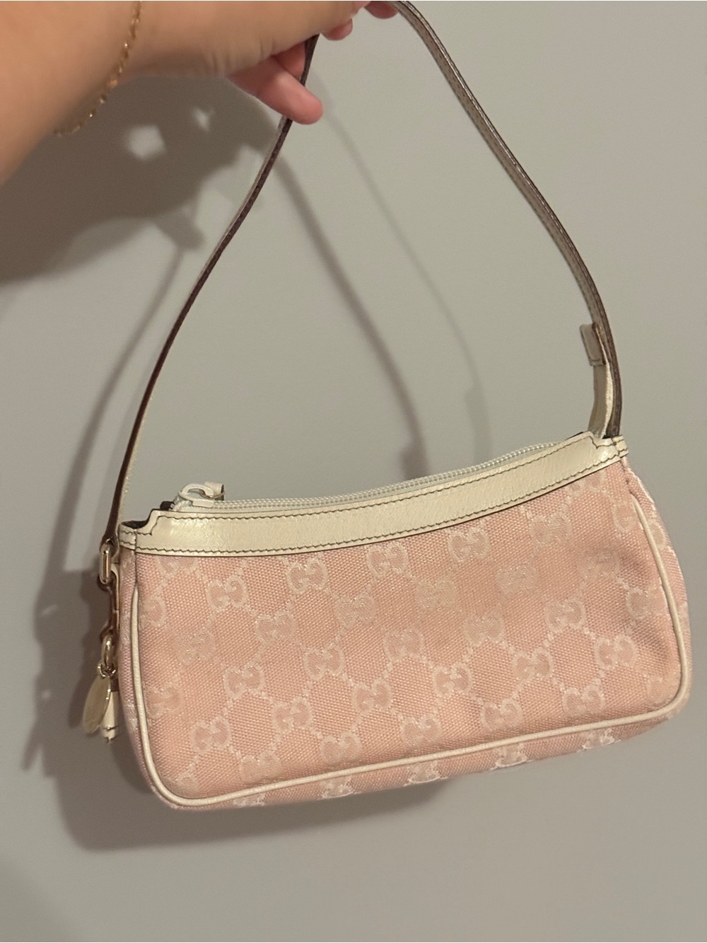 Gucci Light Pink Monogram Pochette Bag with Cream Trim